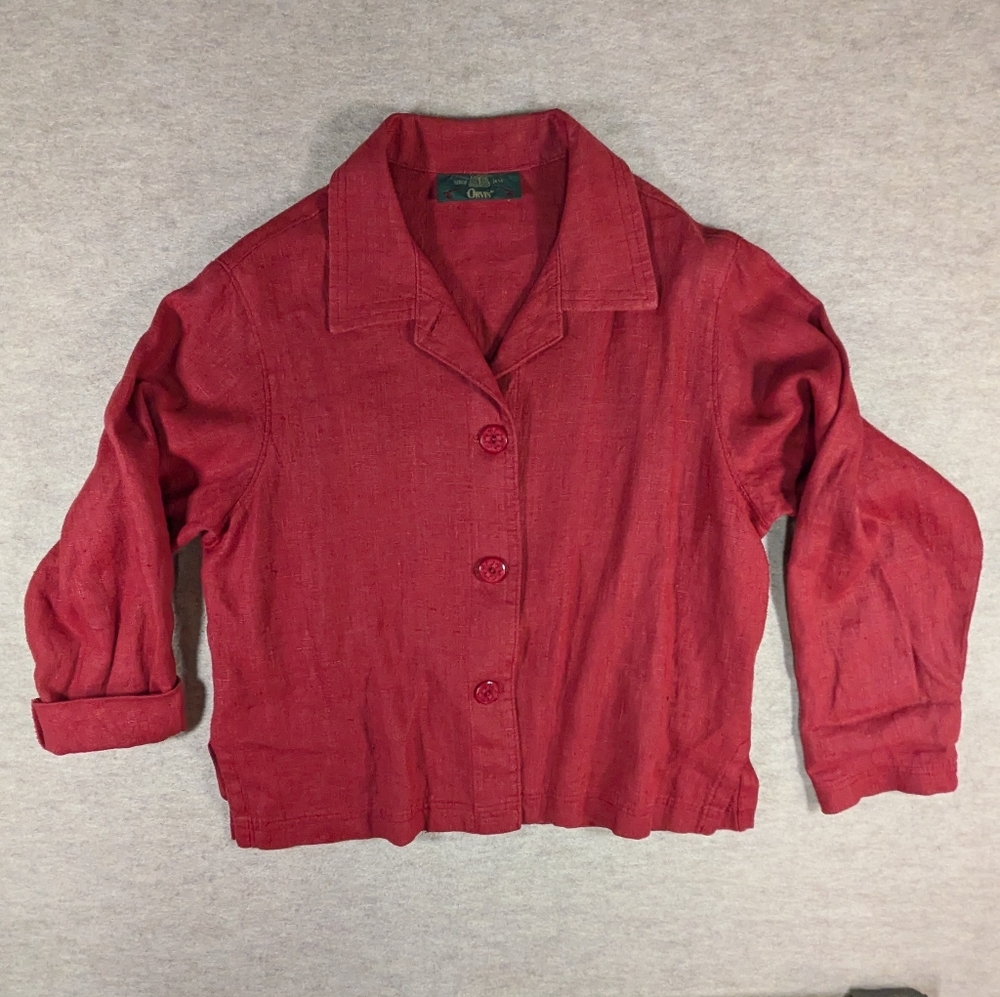 Orvis Deep Red Vintage Flax Linen Button-Up Boxy Collared Shirt Size Med- Large